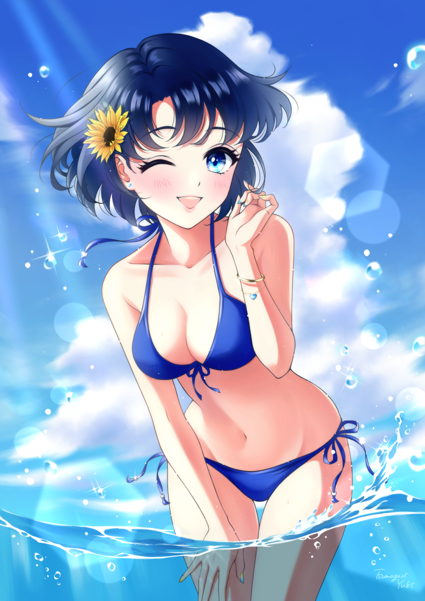 1girl bikini bishoujo_senshi_sailor_moon blue_bikini blue_eyes blue_hair blue_sky breasts cleavage cloud flower front-tie_bikini_top front-tie_top hair_flower hair_ornament highres leaning_forward lens_flare medium_breasts mizuno_ami partially_underwater_shot short_hair side-tie_bikini_bottom sky solo standing sunflower swimsuit thigh_gap tsumagari_yuki wading water