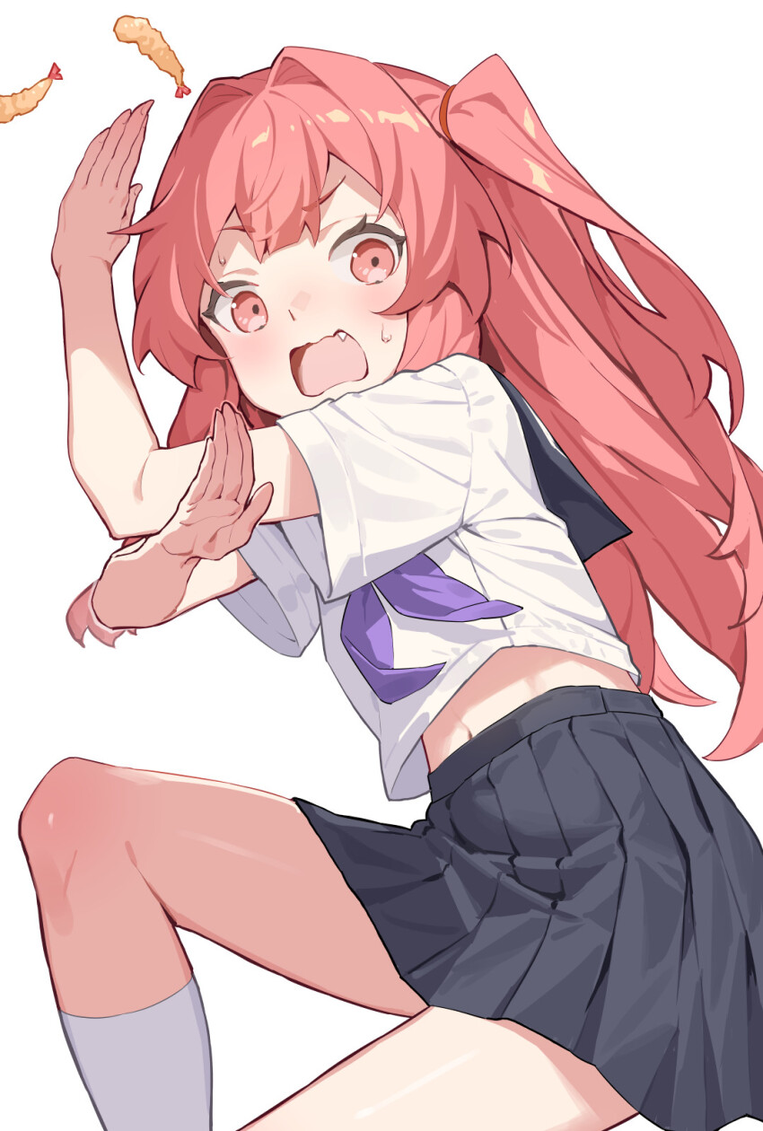 1girl black_skirt fang food highres kotonoha_akane long_hair looking_at_viewer navel neckerchief one_side_up open_mouth pink_eyes pink_hair pleated_skirt purple_neckerchief short_sleeves shrimp shrimp_tempura simple_background skirt socks solo tempura voiceroid white_background white_socks yamamomo_(plank)