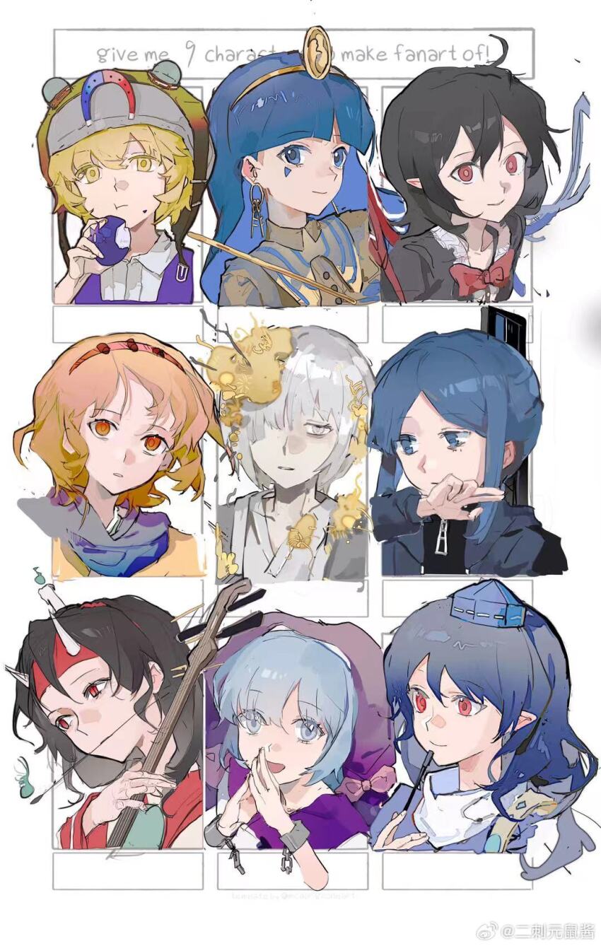 2boys 3others 4girls :t ahoge androgynous arrow_(symbol) black_hair black_shirt blonde_hair blue_dress blue_eyes blue_fire blue_hair blue_hat blue_jacket blue_wings blunt_bangs bow bowtie brown-framed_eyewear brown_shirt buttons candle_on_head character_request chewing closed_mouth collarbone collared_shirt copyright_request corallo corruption cuffs demon_horns dress earrings eating eggplant expressionless fake_horns fire food frilled_shirt frills goggles goggles_on_headwear gold_earrings grey_eyes grey_helmet grey_jacket hair_between_eyes hair_over_one_eye hair_rollers hairband haori happy hat headband headscarf helmet highres holding holding_food holding_instrument holding_vegetable hood hood_down hooded_jacket hoop_earrings horns houjuu_nue iizunamaru_megumu instrument jacket japanese_clothes jewelry kimono len&#039;en long_hair looking_at_viewer magnet marking_on_cheek medium_hair michigami_nareko mouth_guard multiple_boys multiple_drawing_challenge multiple_girls multiple_others object_to_mouth open_clothes open_jacket orange_hair orange_hairband orange_kimono outside_border overalls own_hands_together parted_bangs parted_lips pink_bow pointy_ears purple_dress purple_headscarf purple_overalls purple_scarf red_bow red_bowtie red_headband ribbon-trimmed_headwear ribbon_trim round_eyewear scarf shackles shirt shirt_under_dress short_hair sidelocks smile taira_no_chouki tokin_hat touhou traditional_bowtie umatachi_tsugumi upper_body vegetable watermark weapon weapon_on_back weibo_watermark white_background white_horns white_kimono white_scarf white_shirt wings wiping_mouth yellow_eyes yellow_hairband zipper zuifeng_tenkai