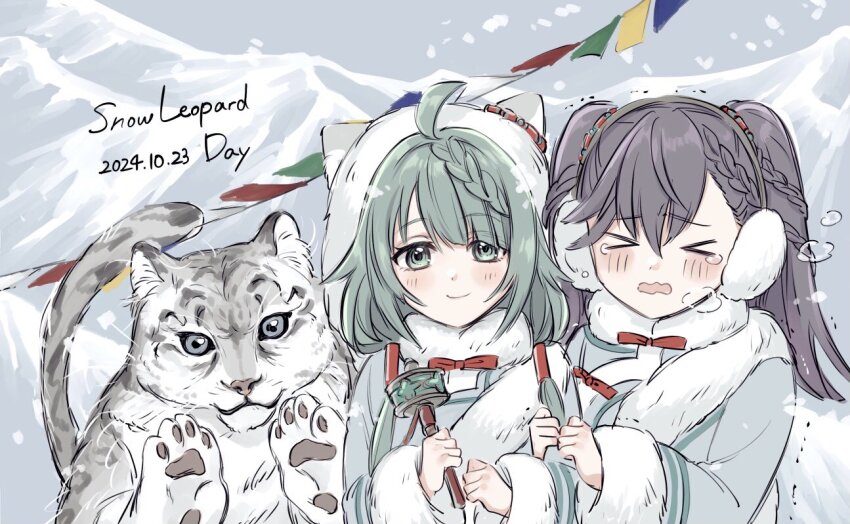 &gt;_&lt; 2girls ahoge animal blush braid breath closed_eyes closed_mouth cold commentary_request dated dolma_(madoka_magica) green_eyes green_hair green_jacket grey_background heruka_(madoka_magica) hood hood_up jacket long_hair long_sleeves looking_at_viewer low_twintails magia_record:_mahou_shoujo_madoka_magica_gaiden mahou_shoujo_madoka_magica mountain multiple_girls open_mouth smile snow_leopard snowing string_of_flags trembling twintails upper_body wavy_mouth winter_clothes yukishiro_(hitsuji)