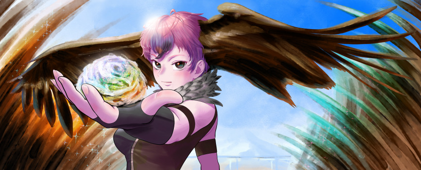 1girl absurdres aburaeoyaji arm_at_side arm_up armband bare_shoulders bird_wings black_hair blue_hair brown_armband brown_eyes closed_mouth day detached_collar feather_collar fingerless_gloves fingernails foreshortening gloves head_wings highres holding kemono_friends kemono_friends_3 lappet-faced_vulture_(kemono_friends) looking_at_viewer multicolored_hair open_clothes open_vest orange_hair outdoors outstretched_arm pink_hair shirt short_hair solo tomboy upper_body vest wings