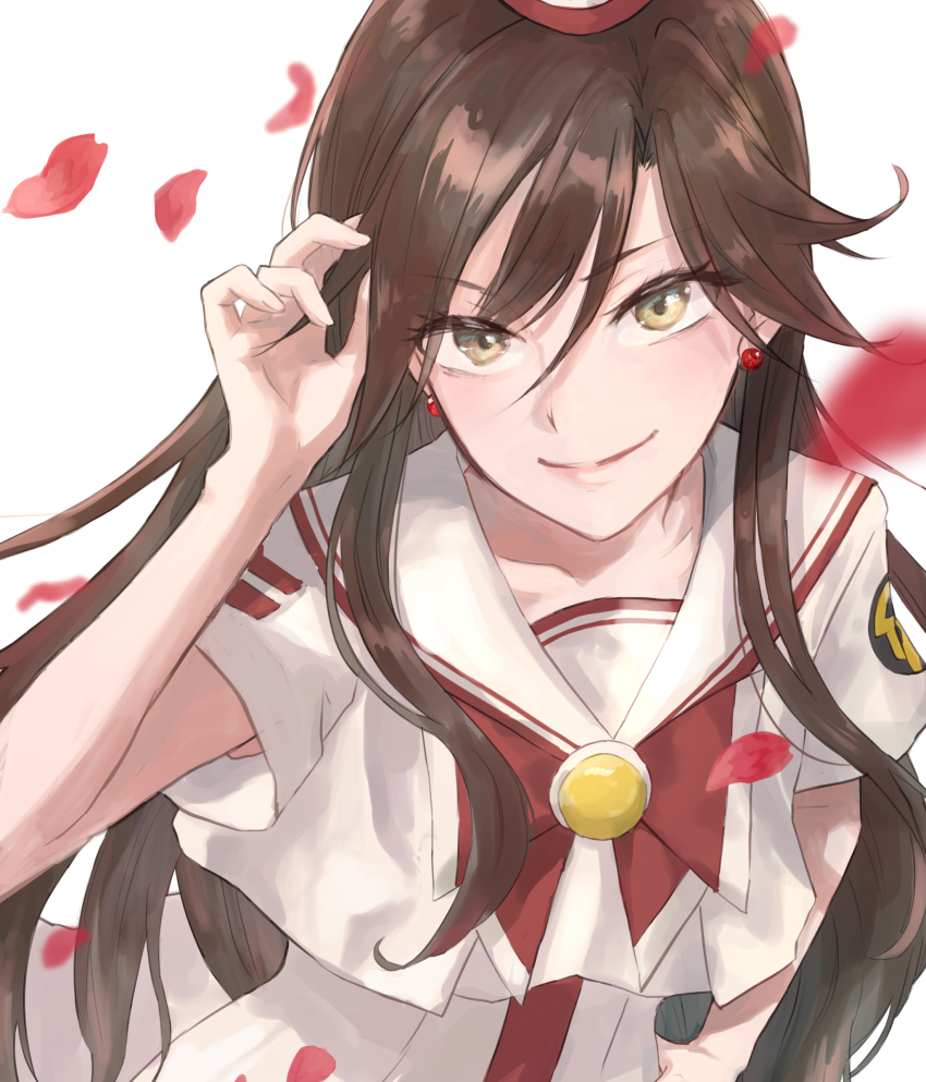 1girl akira_ferrari aria_(manga) blurry blurry_background blurry_foreground bow bowtie brown_eyes brown_hair closed_mouth collarbone depth_of_field dress earrings eyelashes falling_petals hair_between_eyes hand_on_own_hip hand_up highres himeya_company_uniform jewelry kiri_meee long_hair looking_at_viewer petals red_bow red_bowtie red_headwear sailor_collar short_sleeves simple_background smile solo stud_earrings two-tone_headwear white_background white_dress white_headwear
