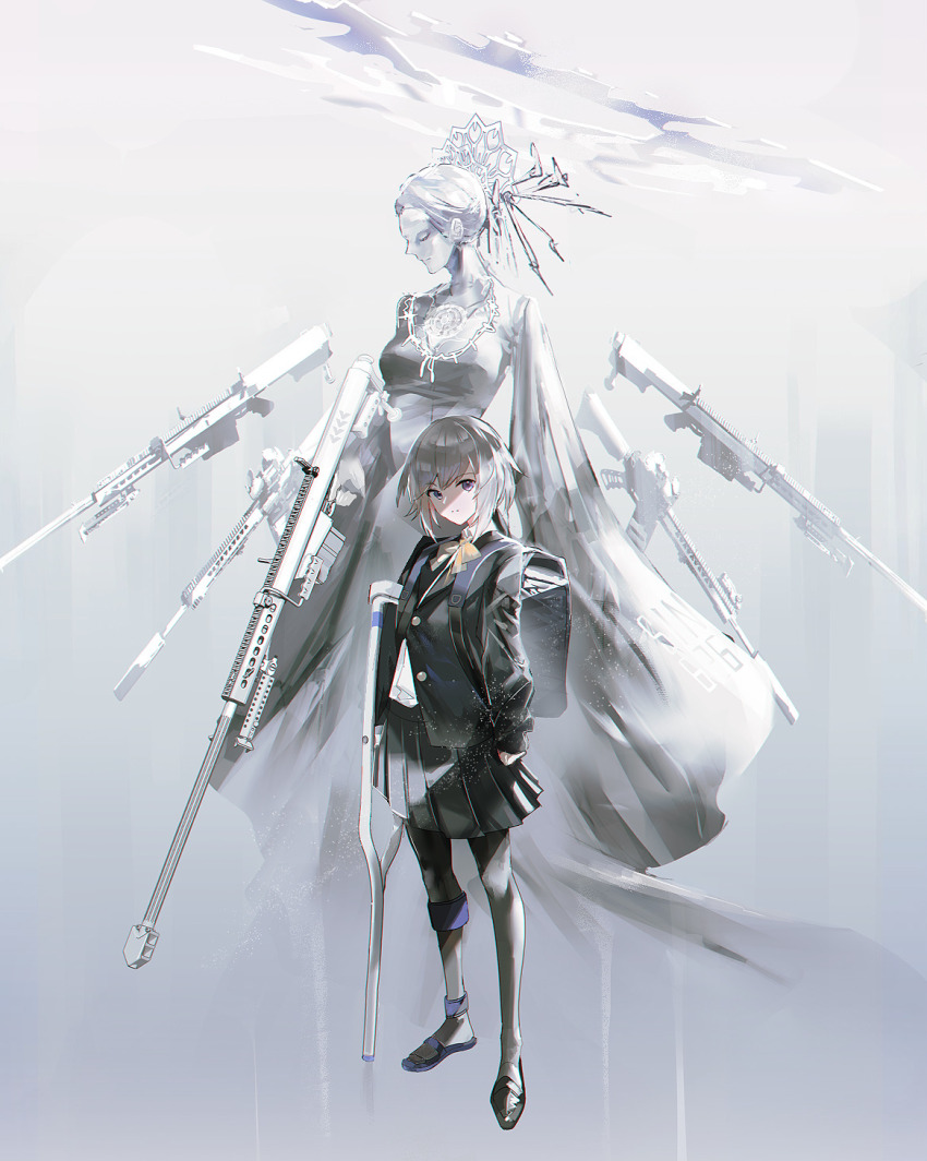 backpack bag black_jacket black_skirt bow bowtie crutch grey_hair gun highres jacket medium_hair orange_bow orange_bowtie original pantyhose purple_eyes school_uniform skirt statue swav weapon