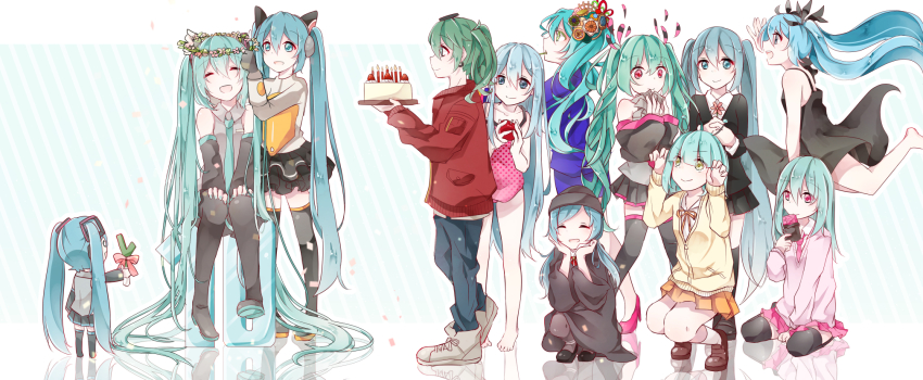 6+girls alien_alien_(vocaloid) apple aqua_hair bad_id bad_pixiv_id black_dress boots cake closed_eyes detached_sleeves dress earrings food fruit green_eyes green_hair hachune_miku hat hatsune_miku hatsune_miku_(heartbeat) hatsune_miku_(saihate) head_wreath highres jewelry long_hair mousou_zei_(vocaloid) multiple_girls nail_polish necktie odds_&amp;_ends_(vocaloid) pantyhose ren&#039;ai_saiban_(vocaloid) romeo_to_cinderella_(vocaloid) saihate_(vocaloid) shinkai_shoujo_(vocaloid) sitting skirt songover spring_onion suna_no_wakusei_(vocaloid) thigh_boots thighhighs twintails very_long_hair vocaloid