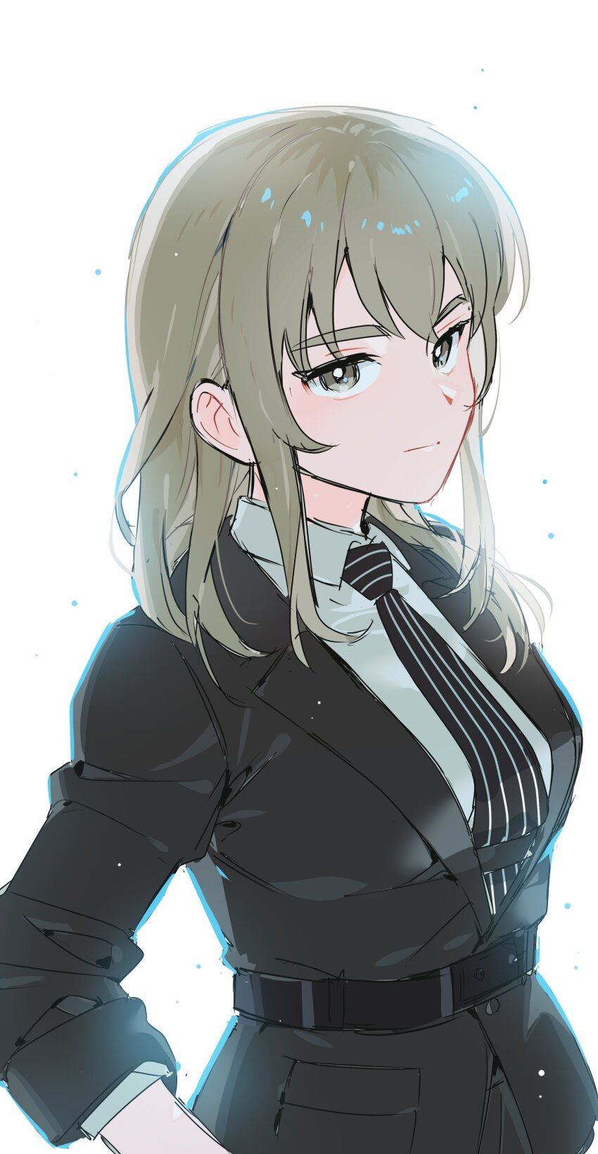 1girl absurdres black_jacket black_necktie closed_mouth collared_shirt commentary_request girls_band_cry grey_eyes grey_hair habsida_(habsida_hpy) highres jacket kawaragi_momoka korean_commentary long_hair long_sleeves looking_at_viewer multicolored_hair necktie roots_(hair) shirt simple_background solo white_background white_shirt