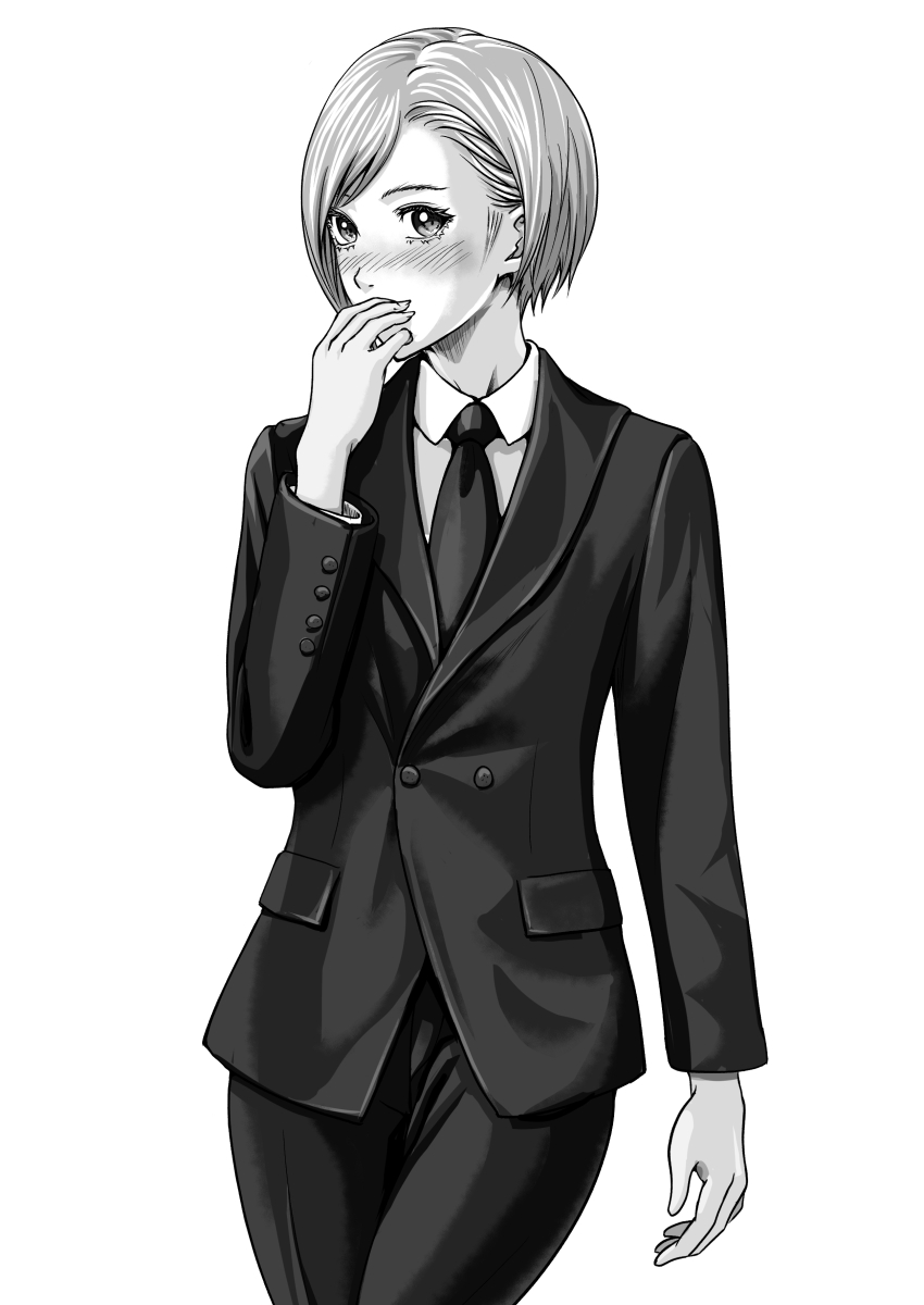 1girl absurdres black_jacket black_necktie black_suit blush closed_mouth collared_shirt elena_(ff7) final_fantasy final_fantasy_vii final_fantasy_vii_remake formal_clothes greyscale highres jacket looking_at_viewer monochrome necktie nito_(mrrx5772) shirt short_hair simple_background solo suit turks_(ff7) white_background white_shirt
