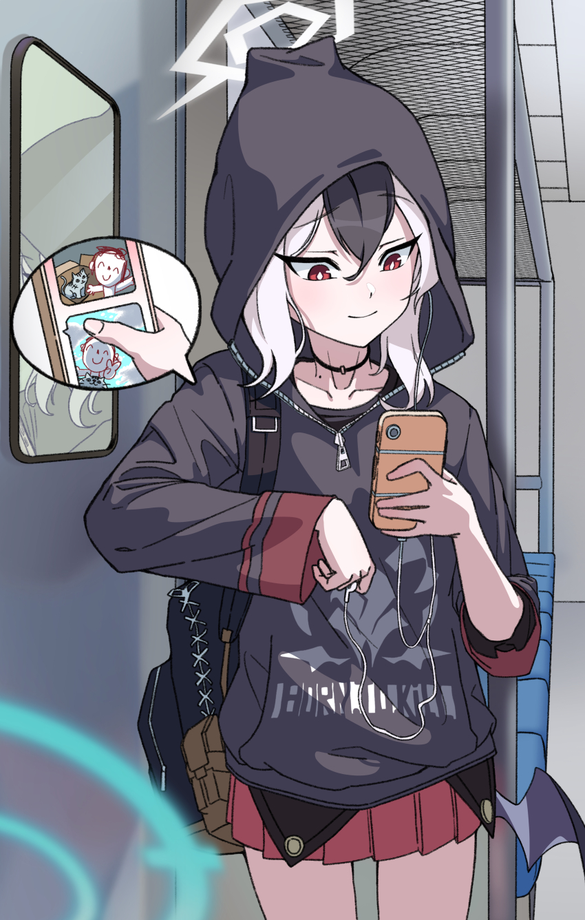 1girl absurdres backpack bag black_bag black_hair black_hoodie blue_archive cat commentary demon_wings doodle_sensei_(blue_archive) halo highres holding holding_phone hood hoodie kayoko_(blue_archive) on_train phone red_skirt sensei_(blue_archive) shiroko_(blue_archive) single_wing skirt user_fxhp5832 white_hair white_halo wings