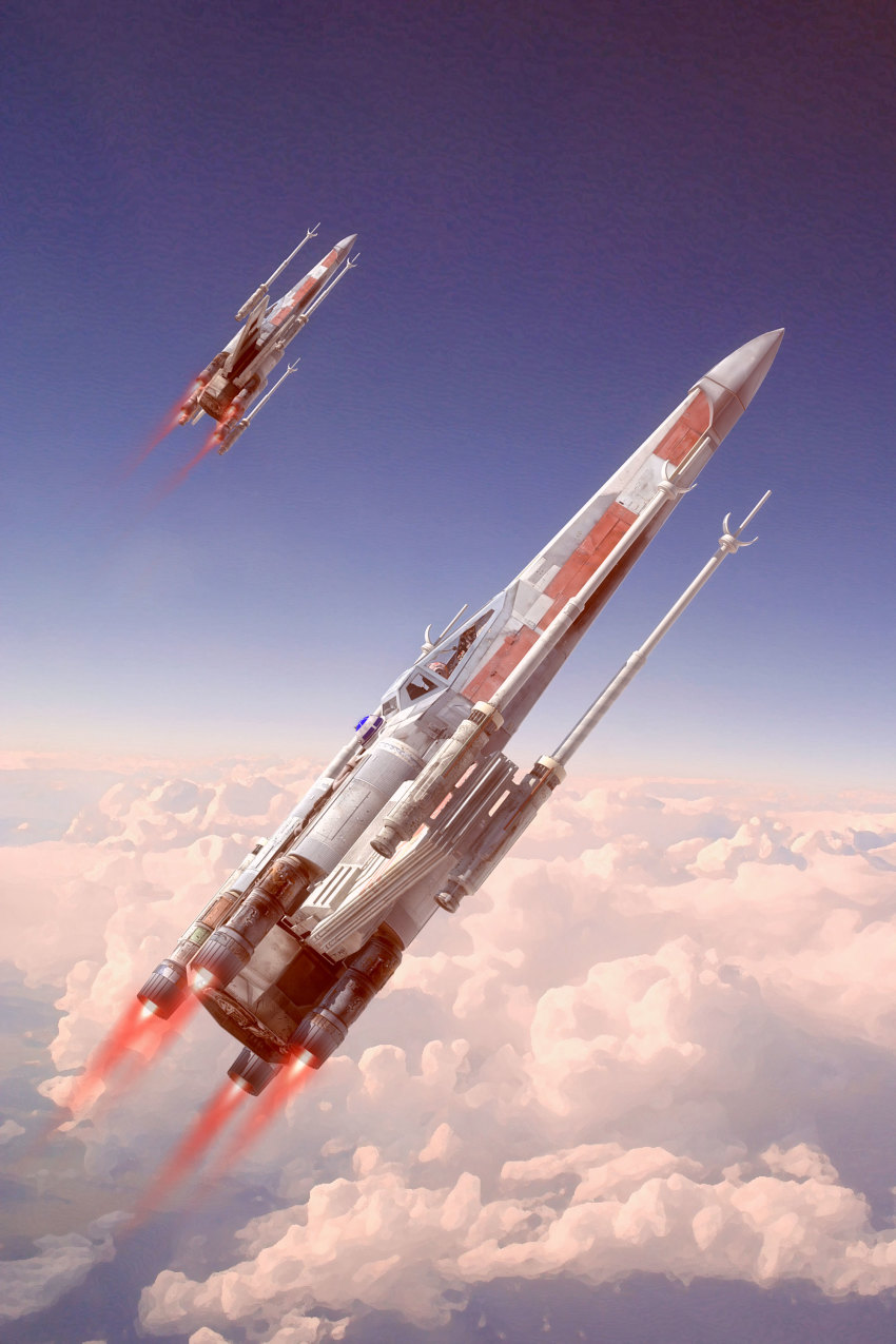 absurdres astromech_droid cloud flying graham_t.g. highres r2-d2 realistic robot science_fiction spacecraft star_wars starfighter t-65_x-wing x-wing