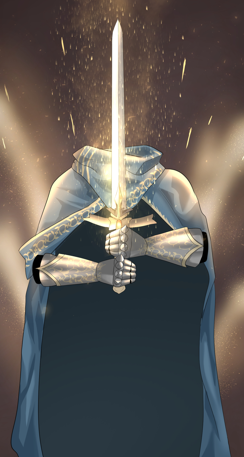 1boy a_knight_(reverse:1999) absurdres armor benzhu_(benzhu0617) blue_cape brown_background cape gauntlets glowing glowing_sword glowing_weapon highres holding holding_sword holding_weapon invisible light_particles ornate_armor reverse:1999 solo sword two-handed weapon