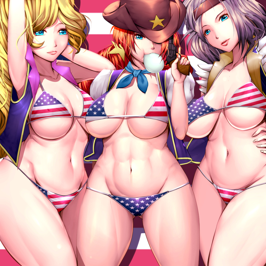 10s 3girls american_flag_bikini american_flag_print aqua_eyes bikini blonde_hair blonde_haired_cure_(bomber_girls_precure)_(happinesscharge_precure!) bomber_girls_precure breasts brown_hair cleavage covered_erect_nipples cowboy_hat curvy flag_print grey_haired_cure_(bomber_girls_precure)_(happinesscharge_precure!) groin gun hand_on_own_hip handgun happinesscharge_precure! harihisa hat large_breasts multiple_girls navel precure print_bikini purple_eyes red_haired_cure_(bomber_girls_precure)_(happinesscharge_precure!) revolver swimsuit thick_thighs thighs underboob weapon wide_hips