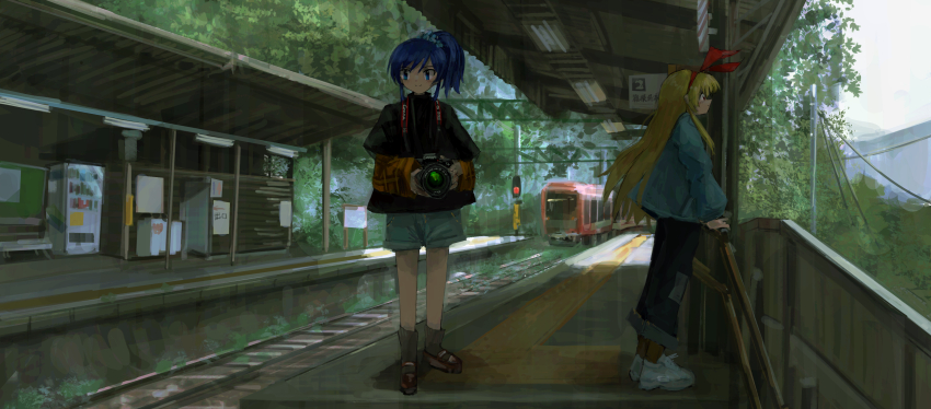 2girls absurdres aikatsu! aikatsu!_(series) black_pants black_shirt blonde_hair blue_hair camera hairband hairo_(r228n) highres holding holding_camera hoshimiya_ichigo kiriya_aoi looking_afar multiple_girls outdoors pants power_lines railroad_tracks red_hairband scenery shirt shoes shorts sign train train_station wide_shot