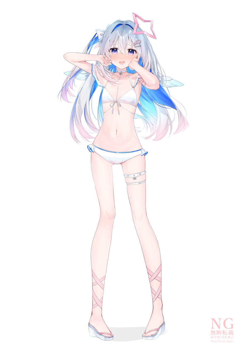 1girl :d absurdres alternate_costume alternate_hairstyle amane_kanata angel_wings bikini blue_hair blue_wings bow colored_inner_hair commentary_request crossed_bangs eme_(emeralda) feathered_wings flat_chest frilled_bikini frills full_body gradient_wings grey_hair hair_between_eyes hair_bow hair_ornament hairclip halo hands_up highres hololive long_hair looking_at_viewer mini_wings multi-strapped_bikini_top multicolored_hair multicolored_wings navel one_side_up open_mouth pink_hair purple_eyes sandals simple_background smile solo standing star_halo stomach streaked_hair swimsuit very_long_hair virtual_youtuber white_background white_bikini white_bow white_wings wings