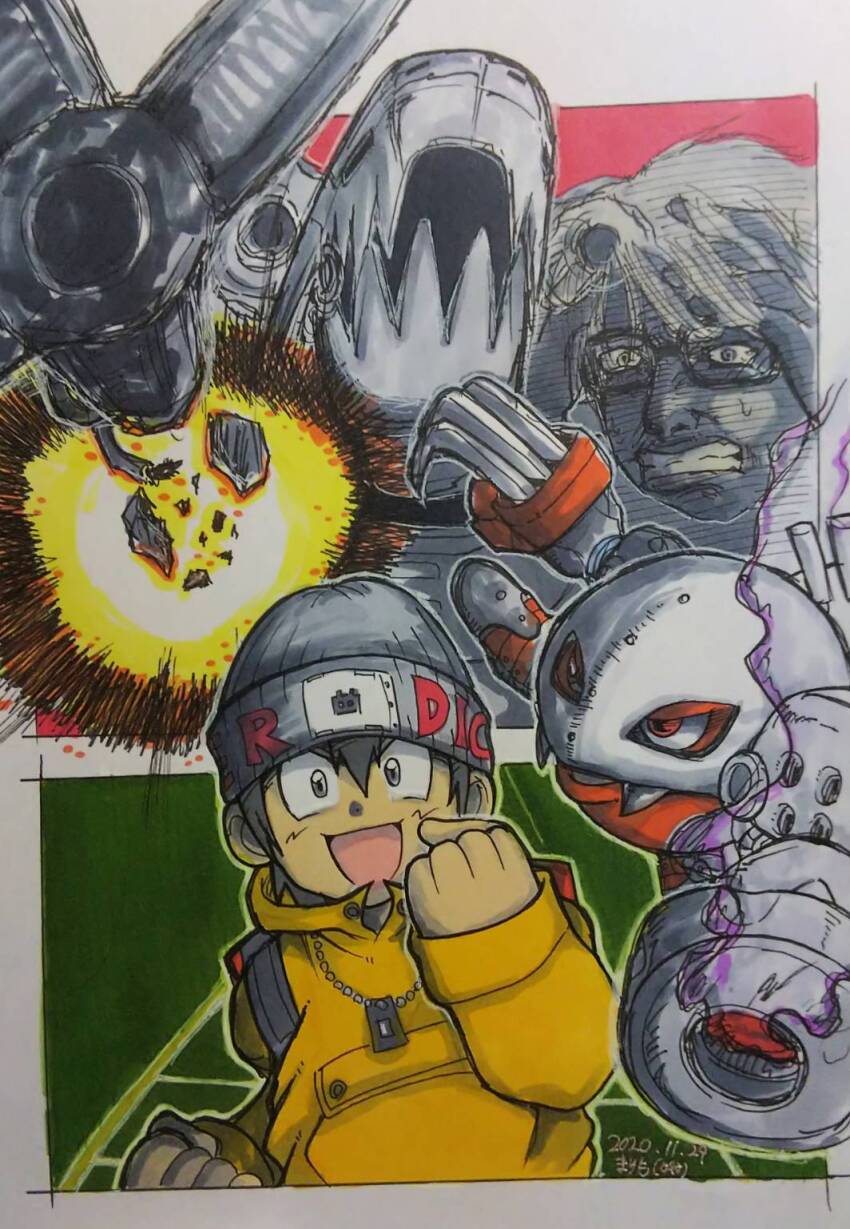 analogman digimon digimon_(creature) digimon_world glasses hat highres mameo_(digimon) metalmamemon mugendramon open_mouth smile