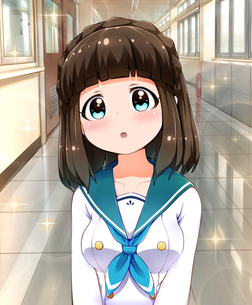 1girl asahina_kokomi battle_girl_high_school blue_eyes blue_neckerchief blush braid brown_hair clip_studio_paint_(medium) collarbone fire_extinguisher hallway highres indoors neckerchief open_mouth school school_uniform serafuku solo sparkle tamanegi_(12030028) window