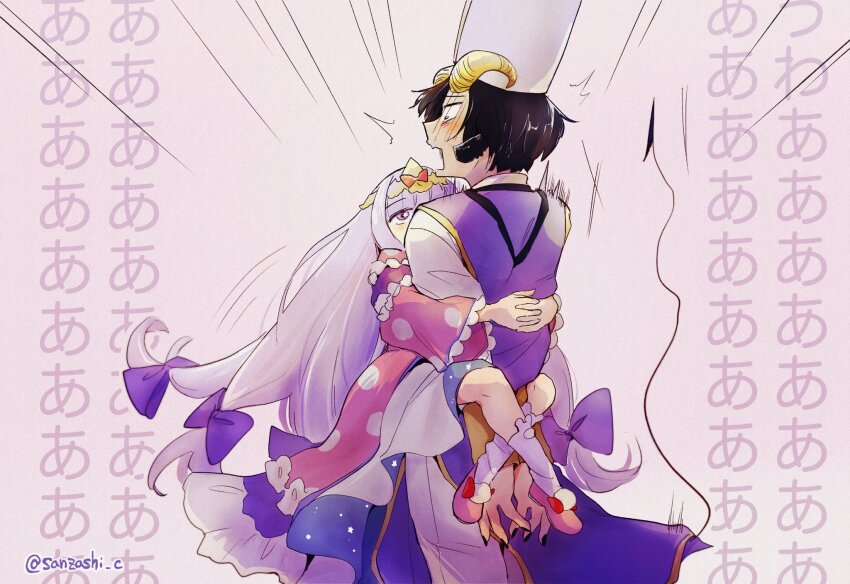 1boy 1girl animal_ears aurora_sya_lis_kaymin black_nails blush commentary_request demon_cleric demon_tail goat_ears goat_horns hat hetero highres horns hug leg_lock long_hair looking_down looking_up maou-jou_de_oyasumi open_mouth purple_eyes purple_hair restrained screaming short_hair simple_background surprised tail translation_request yostuba0704