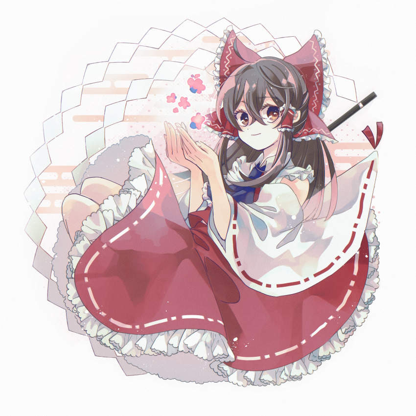 1girl absurdres ascot bare_shoulders blue_ascot bow brown_eyes brown_hair closed_mouth commentary_request crossed_bangs cupping_hands detached_sleeves double-parted_bangs fingernails floating frilled_bow frilled_hair_tubes frilled_shirt_collar frills full_body gohei hair_between_eyes hair_bow hair_tubes hakurei_reimu hands_up highres katsuragi_atori knees light_smile long_hair long_sleeves looking_at_viewer looking_to_the_side own_hands_together petticoat ponytail red_bow red_skirt red_vest sidelocks simple_background skirt skirt_set solo touhou vest white_background wide_sleeves