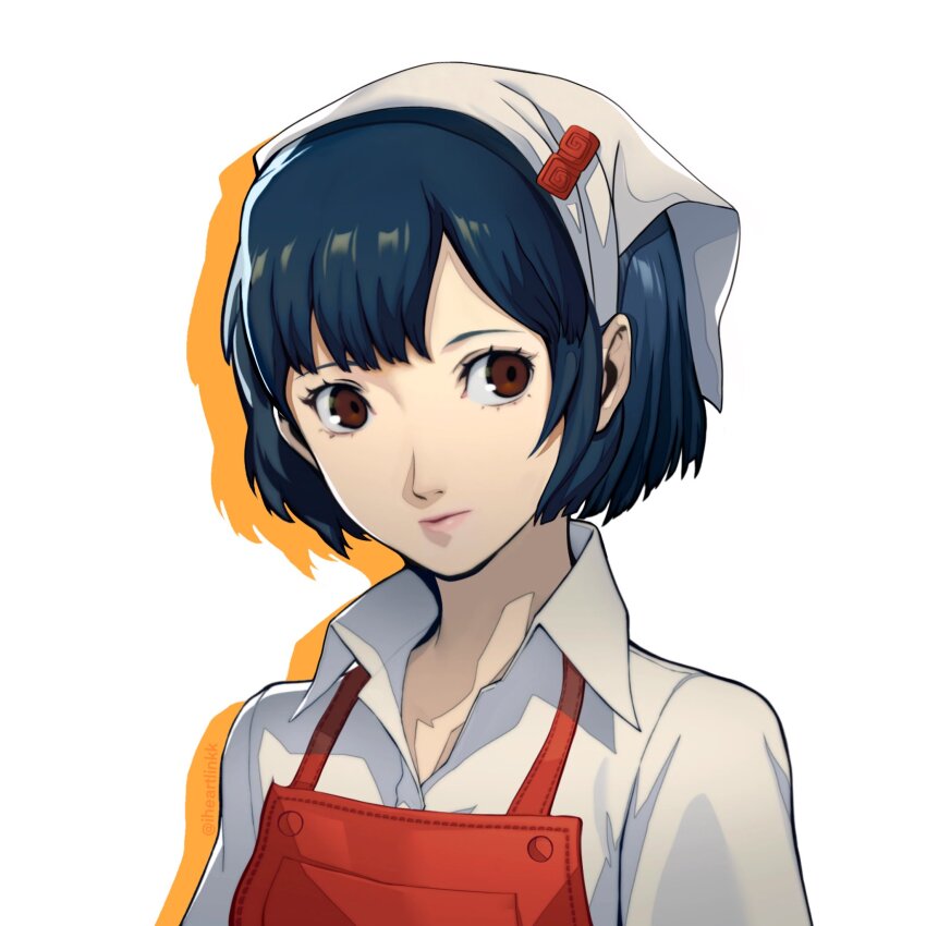 1girl apron blue_hair brown_eyes closed_mouth collared_shirt commentary english_commentary highres iheartlinkk lips nakamura_aika persona persona_4 persona_4_the_animation pink_lips red_apron shadow shirt short_hair simple_background soejima_shigenori_(style) solo white_background white_shirt