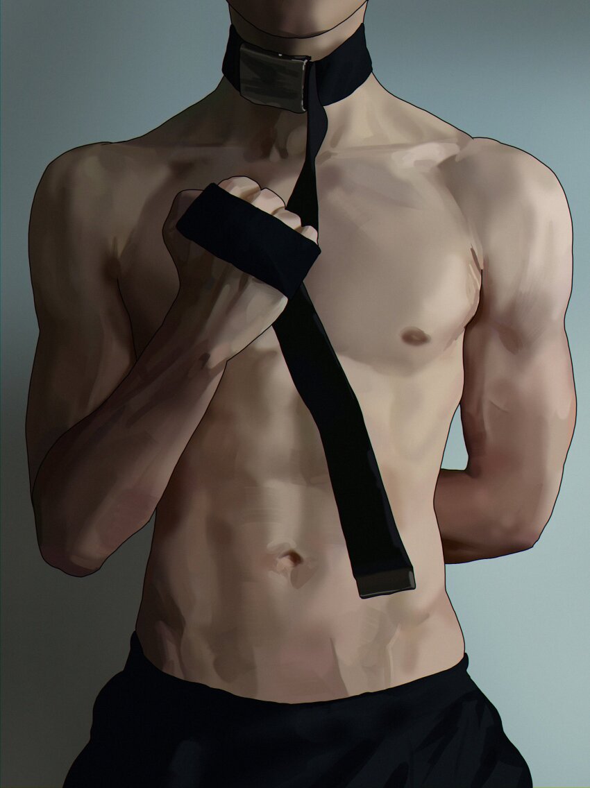 1boy abs absurdres arm_behind_back arm_up belt belt_buckle black_belt black_pants buckle commentary_request cowboy_shot groin head_out_of_frame highres holding holding_belt korean_commentary male_focus navel nipples original pants pectorals realistic solmuk0 solo toned toned_male topless_male veins veiny_arms