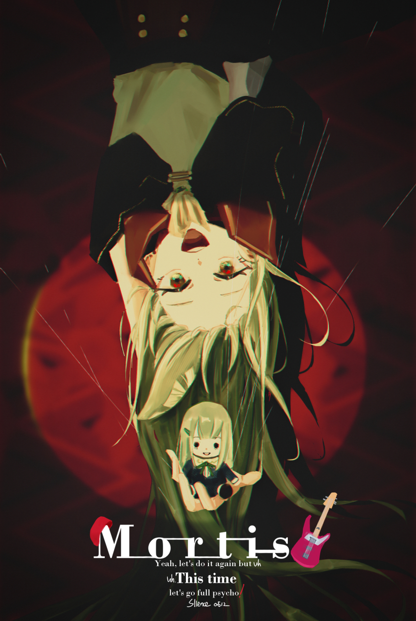 1girl absurdres artist_name bang_dream! bang_dream!_it&#039;s_mygo!!!!! character_doll character_name commentary doll english_commentary english_text green_hair guitar hair_ornament hairclip highres holding holding_doll instrument long_hair long_sleeves looking_at_viewer mortis_(bang_dream!) mortis_(costume)_(bang_dream!) mortis_(persona)_(bang_dream!) open_mouth siience smile solo spotlight teeth upper_teeth_only wakaba_mutsumi wakaba_mutsumi_(doll) yellow_eyes