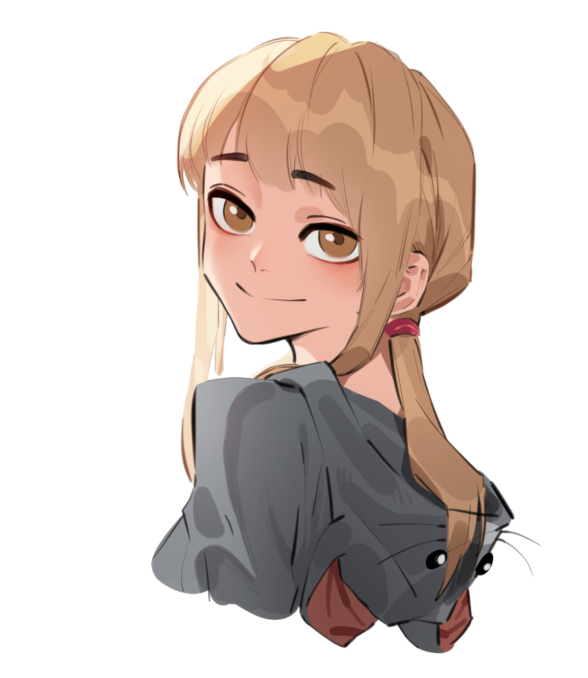 1girl absurdres animal_hood blonde_hair brown_eyes closed_mouth cropped_torso dingotoad grey_hoodie highres hood hoodie long_hair looking_at_viewer mouse_hood original ponytail sidelocks simple_background smile solo turning_head white_background