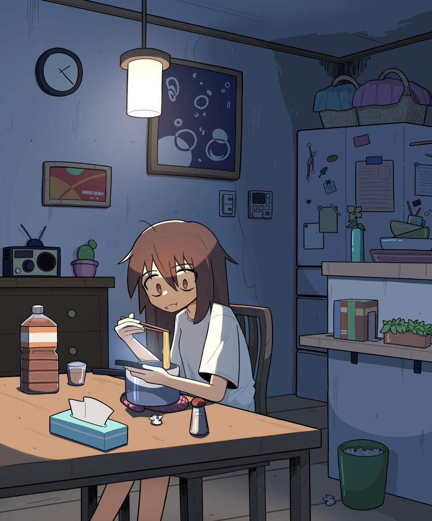 1girl :t absurdres barley_tea basket book bowl_stack brown_eyes brown_hair cactus ceiling cheribon chopsticks cooking_pot cup drinking_glass eating floor food food_on_face highres holding holding_chopsticks indoors kitchen magnet noodles original painting_(object) plastic_bottle radio ramen refrigerator refrigerator_magnet salt_shaker shelf shirt solo t-shirt table tea tissue_box trash_can used_tissue white_shirt