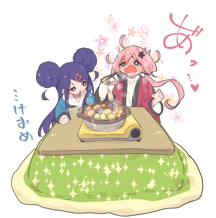 2girls :o blue_eyes blue_jacket blush bright_pupils chopsticks commentary_request detached_hair double-parted_bangs double_bun drooling fang flower_symbol full-face_blush hair_bun hair_ornament hairclip hamayumiba_sou hand_on_table hanten_(clothes) happy_new_year heart heart_hair_ornament highres holding holding_chopsticks hood hood_down hoodie hotpot jacket kotatsu long_hair long_sleeves looking_at_another multiple_girls new_year ochikobore_fruit_tart pink_hair portable_stove purple_eyes purple_hair red_jacket sakura_ino sekino_roko simple_background skin_fang steam sweater table translation_request v-shaped_eyebrows white_background white_hoodie white_pupils white_sweater