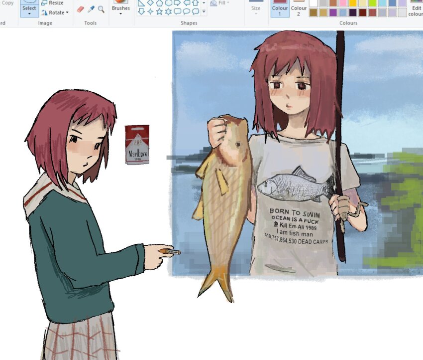animal art_program_in_frame blush born_to_die_world_is_a_fuck_(meme) cigarette cigarette_pack dual_persona english_text fish fishing_rod flcl highres holding holding_animal holding_cigarette holding_fish holding_fishing_rod malboro meme red_hair sailor_collar samejima_mamimi school_uniform skirt water zukii3_mii_(mizumolasses)