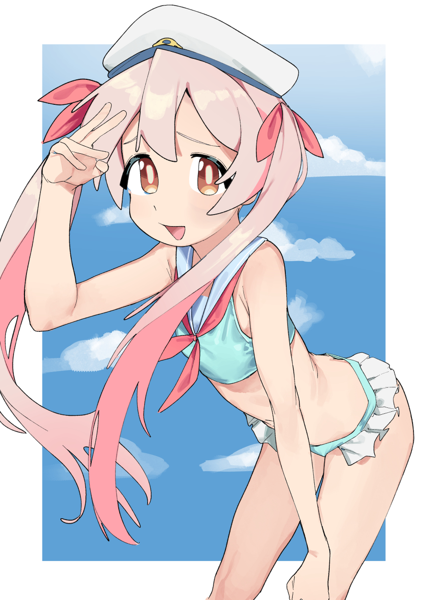 1girl :d absurdres aqua_bikini araimelon bare_arms bare_shoulders bikini breasts brown_eyes commentary cowboy_shot frilled_bikini frills hair_ribbon hand_on_own_knee hand_up hat highres leaning_forward long_hair neckerchief official_alternate_costume onii-chan_wa_oshimai! open_mouth oyama_mahiro paid_reward_available pink_hair red_neckerchief red_ribbon ribbon sailor_collar salute simple_background small_breasts smile solo swimsuit twintails very_long_hair white_hat