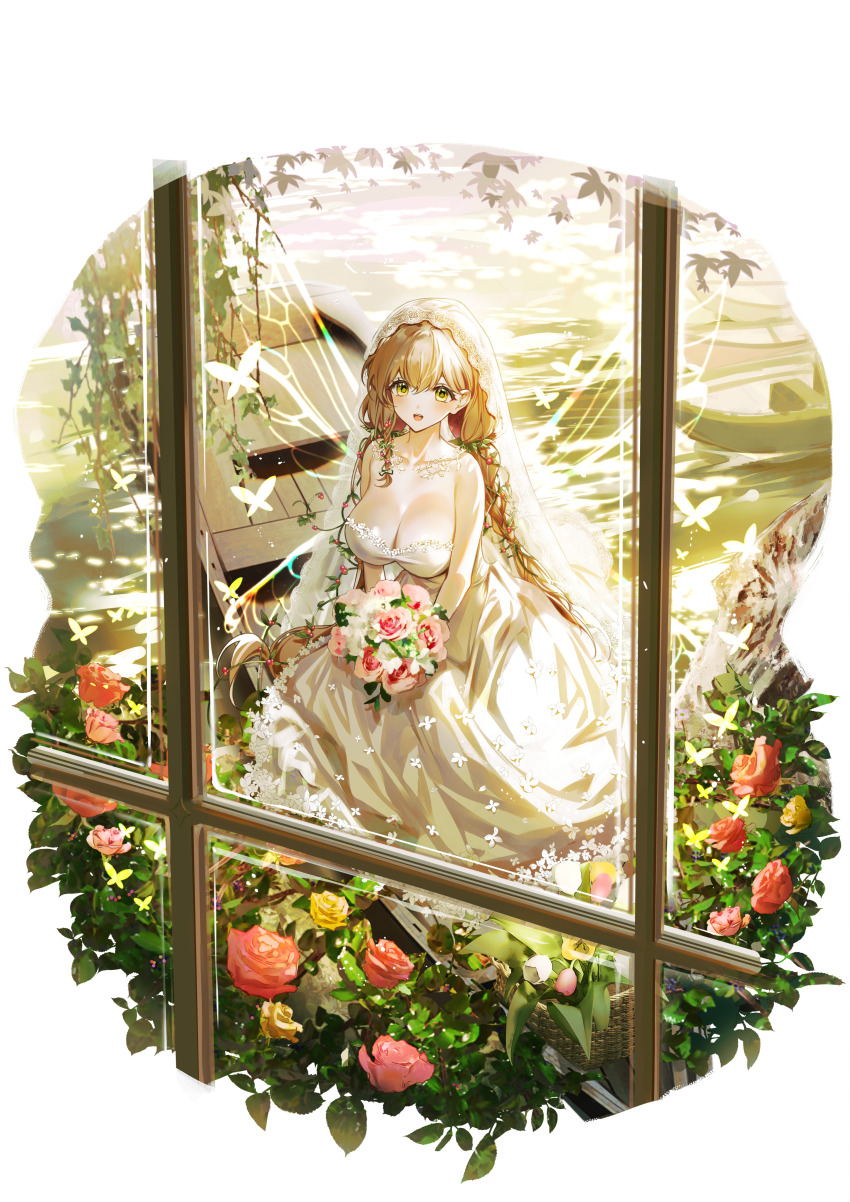 1girl absurdres bare_shoulders boat border bouquet breasts bridal_veil brown_hair cleavage commentary_request day dress epic_seven fairy_wings flower from_inside highres holding holding_bouquet large_breasts lium long_hair looking_at_viewer on_boat open_mouth plant sitting solo strapless strapless_dress sunlight tamarinne_(epic_seven) teeth upper_teeth_only veil very_long_hair vines water watercraft wedding_dress white_border white_dress window wings yellow_eyes