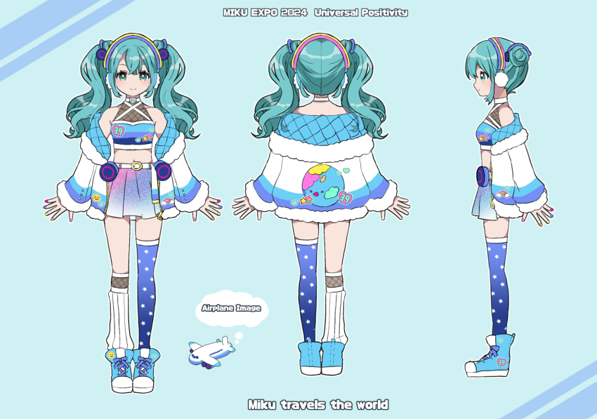 1girl aircraft airplane aqua_eyes aqua_hair asymmetrical_legwear belt blue_shoes blue_thighhighs character_name closed_mouth commentary concept_art contest_winner english_commentary english_text fishnet_socks fishnets full_body gradient_thighhighs hatsune_miku hatsune_miku_expo heart jacket long_hair looking_at_viewer multicolored_skirt narushima_(sugar_star) official_art open_clothes open_jacket pleated_skirt reference_sheet second-party_source shoes single_fishnet_legwear single_thighhigh skirt smile smiley_face sneakers socks star_(symbol) star_print thighhighs twintails vocaloid white_belt white_jacket