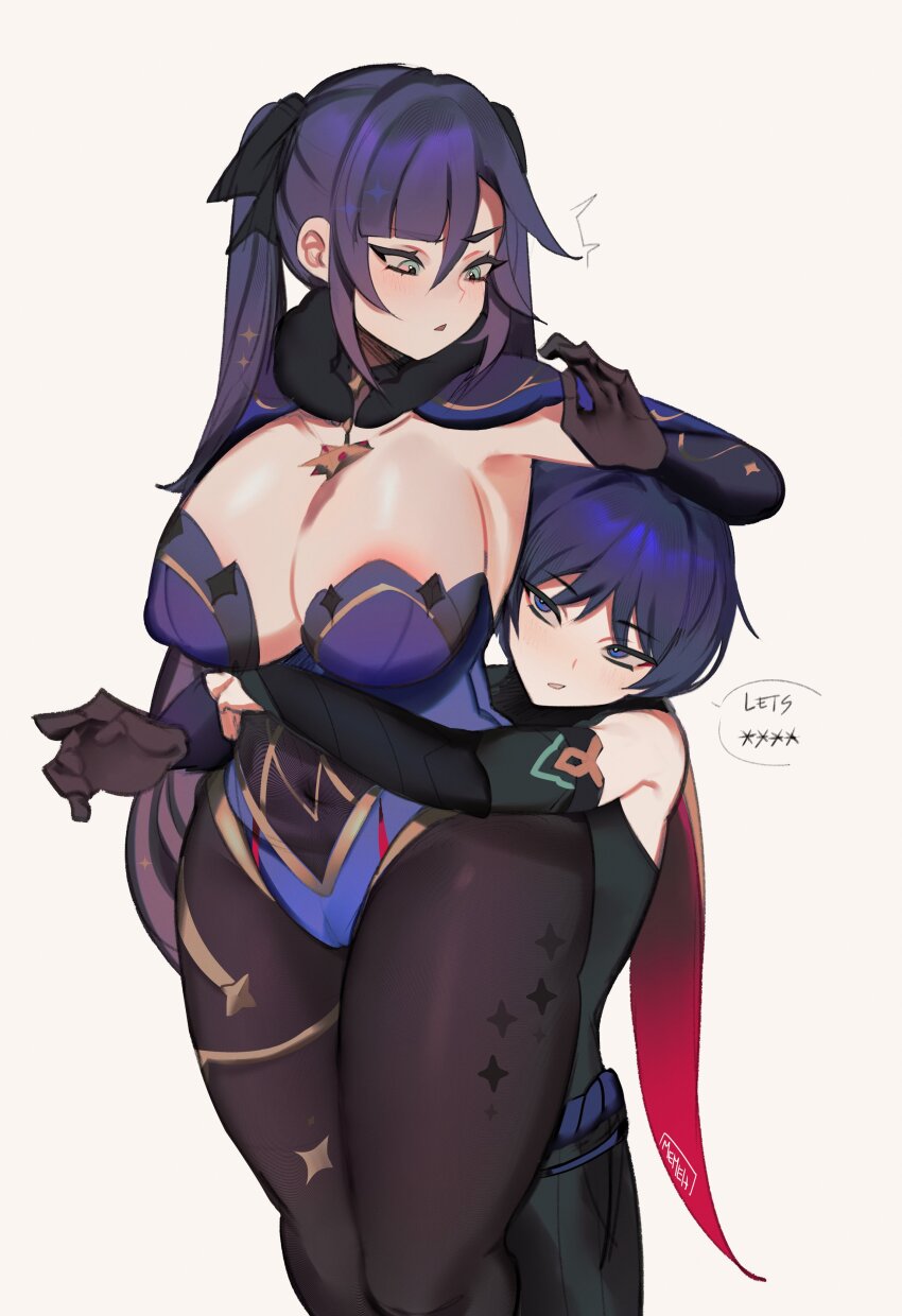 1boy 1girl absurdres aged_down aged_up alternate_breast_size aqua_eyes arm_on_another&#039;s_head armor artist_name asymmetrical_bangs black_gloves black_hair black_pantyhose blue_eyes blunt_bangs bodystocking breasts cameltoe cape choker cleavage covered_erect_nipples earrings elbow_gloves english_text eyebrows_hidden_by_hair eyelashes fur-trimmed_cape fur_collar fur_trim genshin_impact gloves gold gold_trim gradient_hair hair_intakes head_on_another&#039;s_back head_tilt hetero highleg highleg_leotard highres hug hug_from_behind japanese_armor jewelry kote kurokote leotard long_hair looking_at_another looking_down memeh mona_(genshin_impact) multicolored_hair pantyhose parted_bangs ponytail_holder purple_hair purple_leotard red_cape scaramouche_(genshin_impact) sidelocks sparkle_print star_(symbol) star_choker star_earrings taut_clothes thigh_gap thighhighs thighlet thighs tsurime twintails very_long_hair vision_(genshin_impact) wanderer_(genshin_impact) white_background