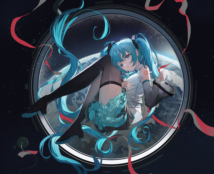 absurdres aqua_eyes aqua_hair aqua_necktie black_boots black_sleeves black_thighhighs boots collared_shirt commentary_request detached_sleeves earth_(planet) fetal_position floating floating_hair frilled_skirt frilled_sleeves frills full_body hair_between_eyes hair_ornament hatsune_miku highres kuweichuanxin_jr long_hair long_sleeves necktie parted_lips planet pleated_skirt red_ribbon ribbon shirt shoulder_tattoo skirt space tattoo thigh_boots thighhighs very_long_hair vocaloid white_shirt white_sleeves