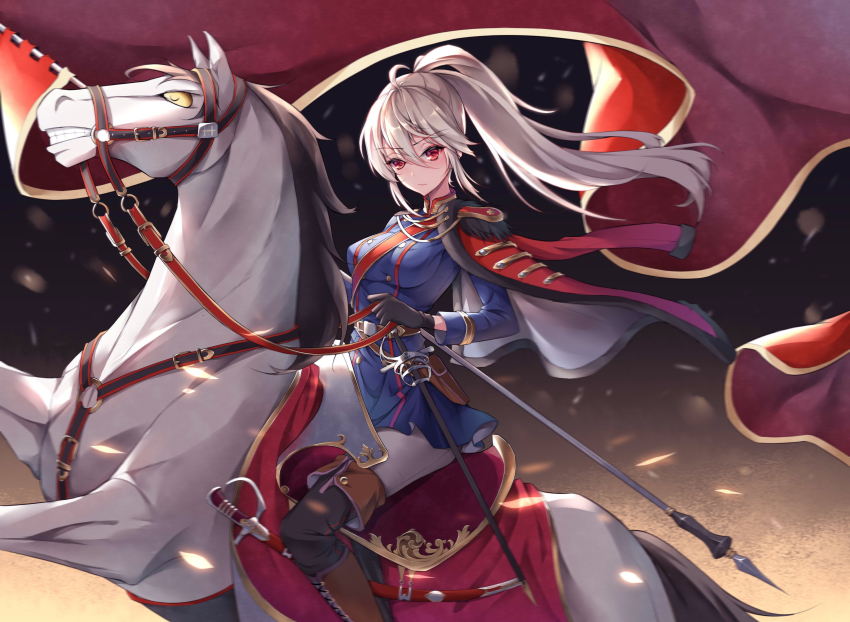 1girl ahoge banner belt black_gloves blonde_hair boots cape cavalry_sword epaulettes female_focus fringe_trim gloves highres horse knight looking_at_viewer military military_uniform original pants ponytail rapier red_eyes riding saddle sheath sheathed solo sword user_jnrr7424 weapon white_horse