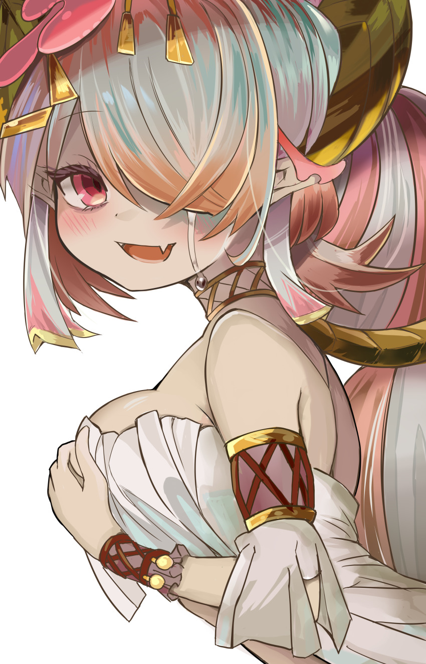 1girl absurdres back bare_shoulders blush breasts duel_monster from_side hand_on_own_chest highres jewelry large_breasts long_hair looking_at_viewer looking_to_the_side monster_girl multicolored_hair necklace open_mouth plant_girl pointy_ears red_eyes simple_background smile solo sorozukin traptrix_pinguicula two-tone_hair white_background wristband yu-gi-oh!