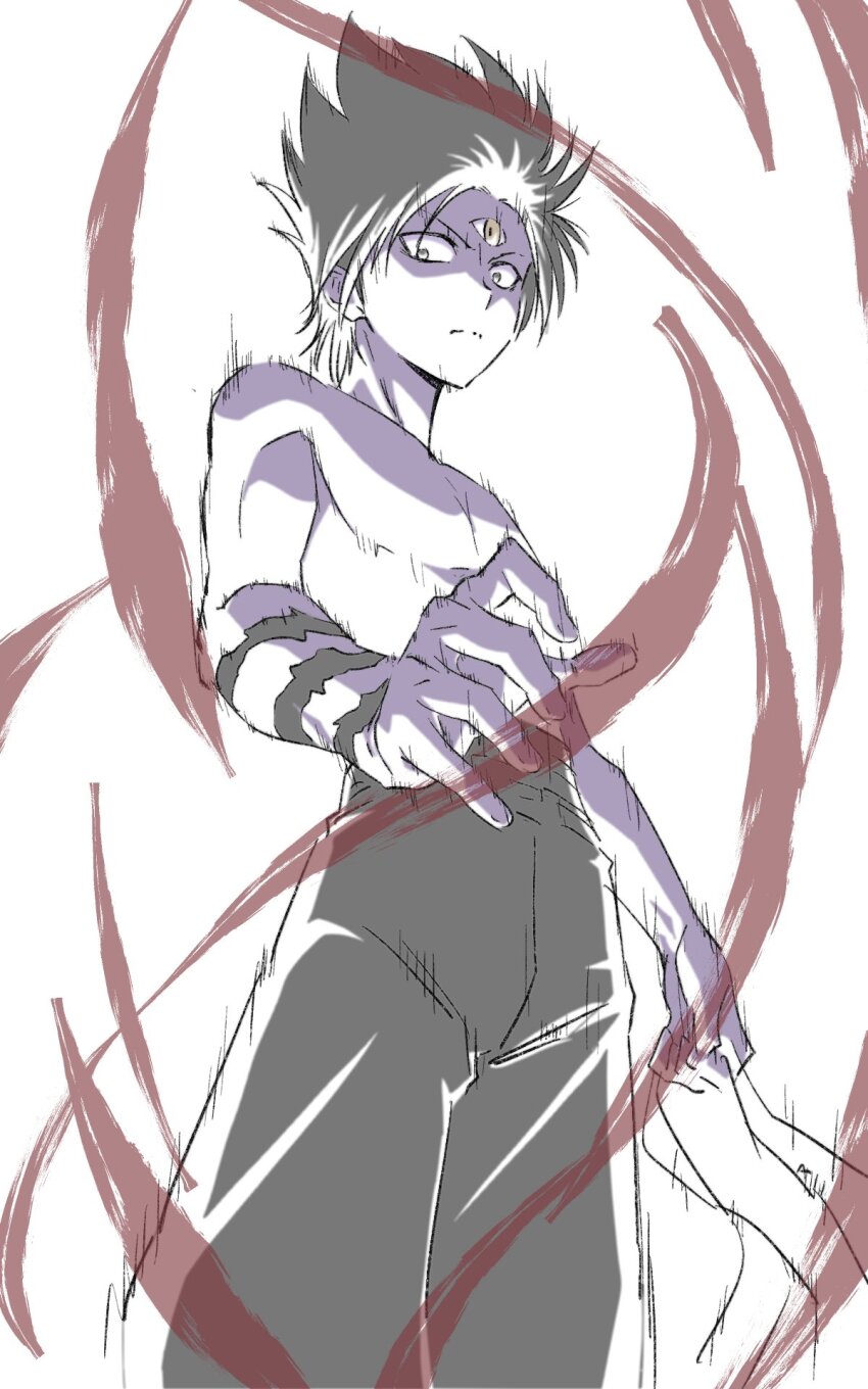 1boy aura black_hair closed_mouth headband hiei_(yu_yu_hakusho) highres holding looking_at_viewer male_focus matsukawa_tetsuya simple_background solo spiked_hair third_eye topless_male white_background yuu_yuu_hakusho