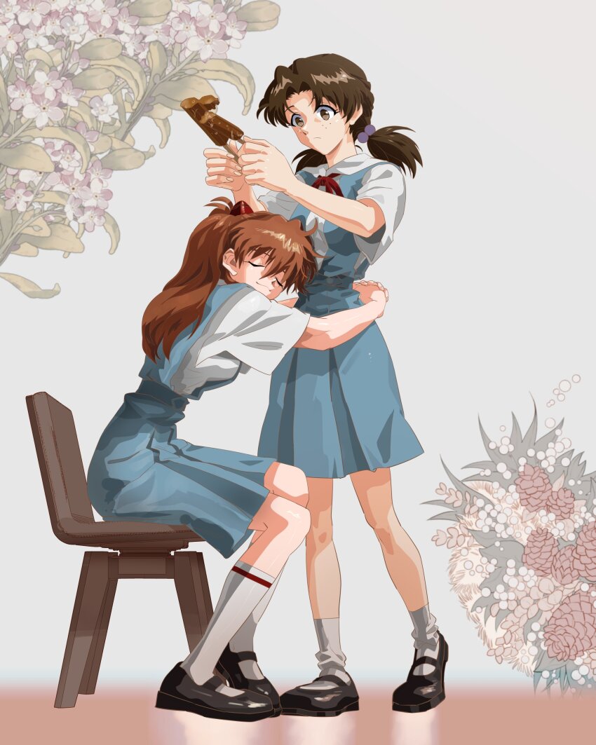 2girls :&lt; absurdres artist_request breasts brown_hair chair closed_eyes expressionless food friends full_body grabbing_from_behind hair_between_eyes hair_bobbles hair_ornament highres horaki_hikari hug ice_cream looking_at_another low_twintails multiple_girls neon_genesis_evangelion open_mouth red_ribbon ribbon school_uniform shirt simple_background sitting smile souryuu_asuka_langley standing tokyo-3_middle_school_uniform twintails white_background white_shirt yuri