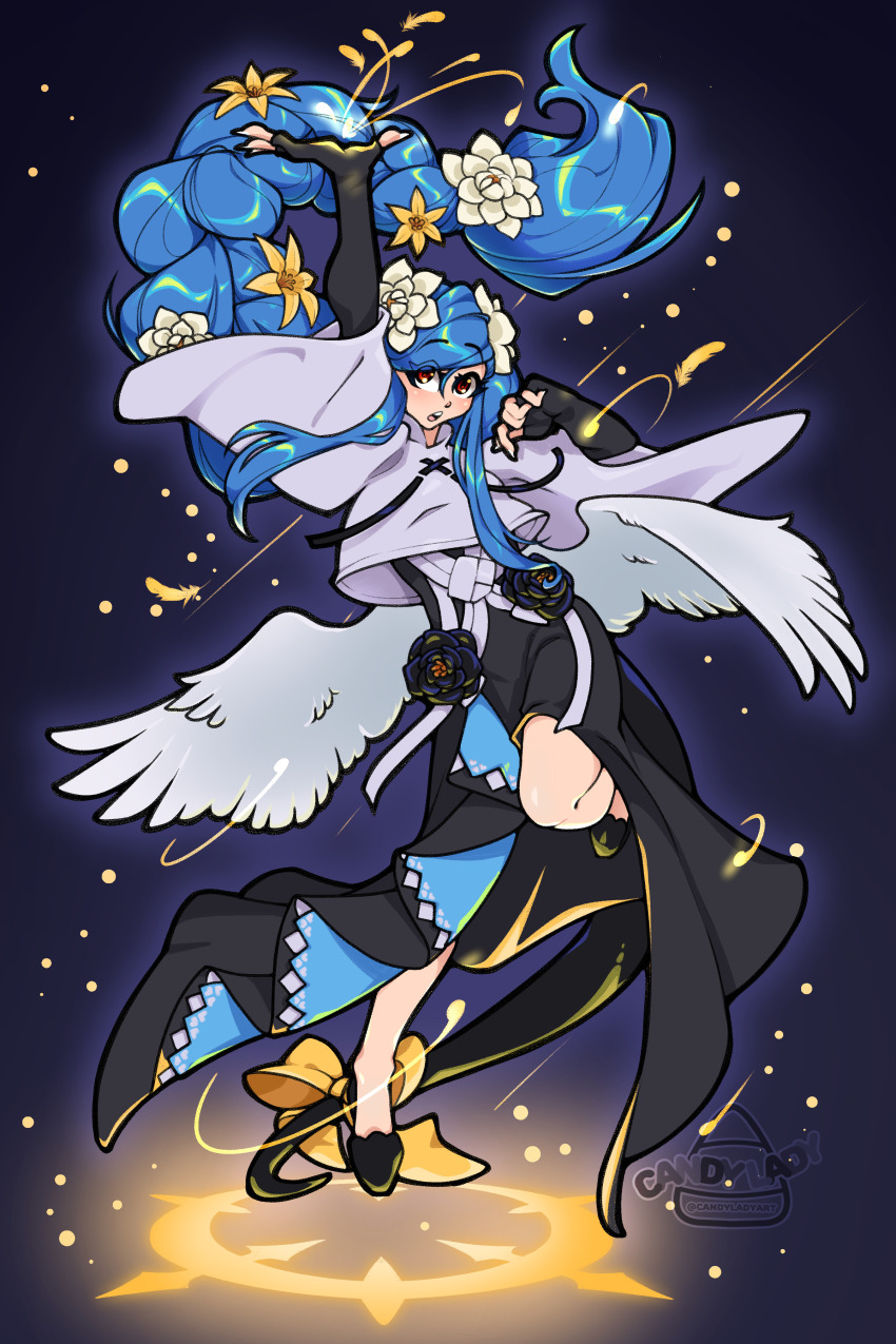 1girl absurdres black_dress black_gloves blue_hair bow braid candylady commentary dizzy_(guilty_gear) dress english_commentary feathered_wings fingerless_gloves flower gloves guilty_gear guilty_gear_strive hair_flower hair_ornament highres long_hair queen_dizzy red_eyes shirt single_braid solo standing standing_on_one_leg very_long_hair white_shirt white_wings wide_sleeves wings