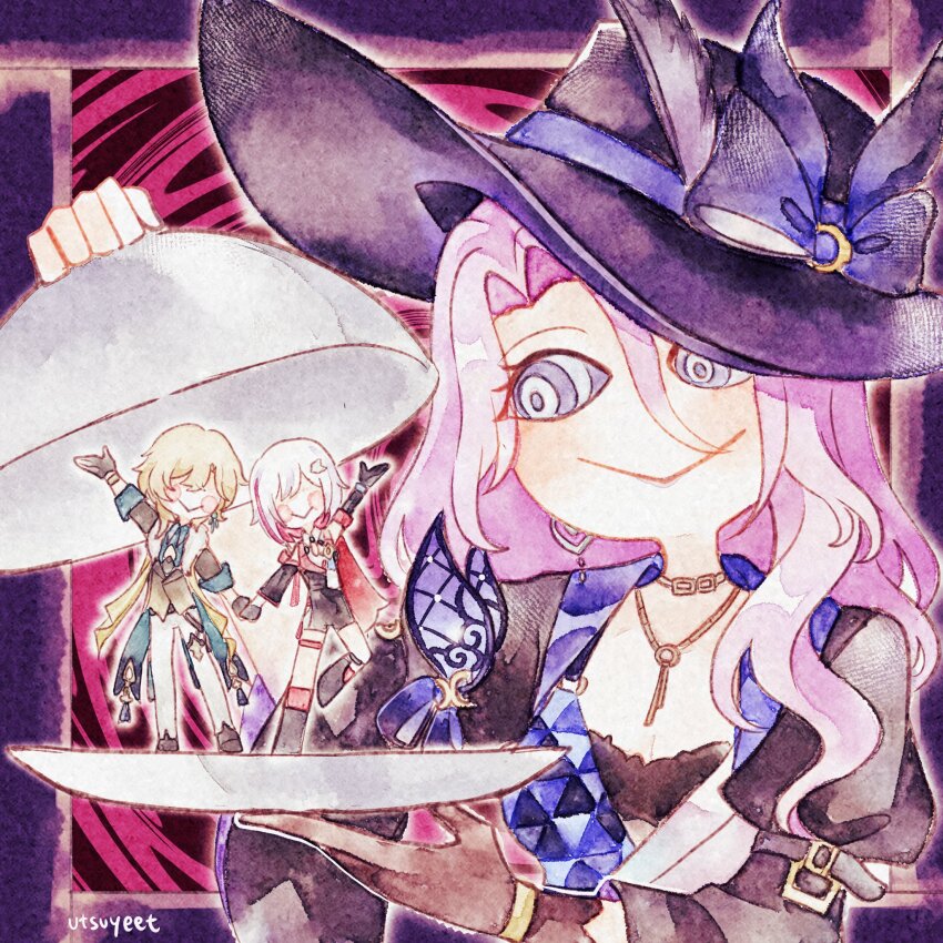 1boy 2girls @_@ aventurine_(honkai:_star_rail) blonde_hair full_body hat highres honkai:_star_rail honkai_(series) jade_(honkai:_star_rail) jewelry long_hair multicolored_hair multiple_girls necklace pink_hair red_hair short_hair smile star_(symbol) star_necklace streaked_hair topaz_(honkai:_star_rail) upper_body utsuyeet