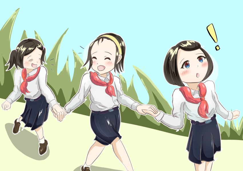 3girls absurdres child highres multiple_girls north_korea original outdoors peroperorerorero school_uniform short_hair