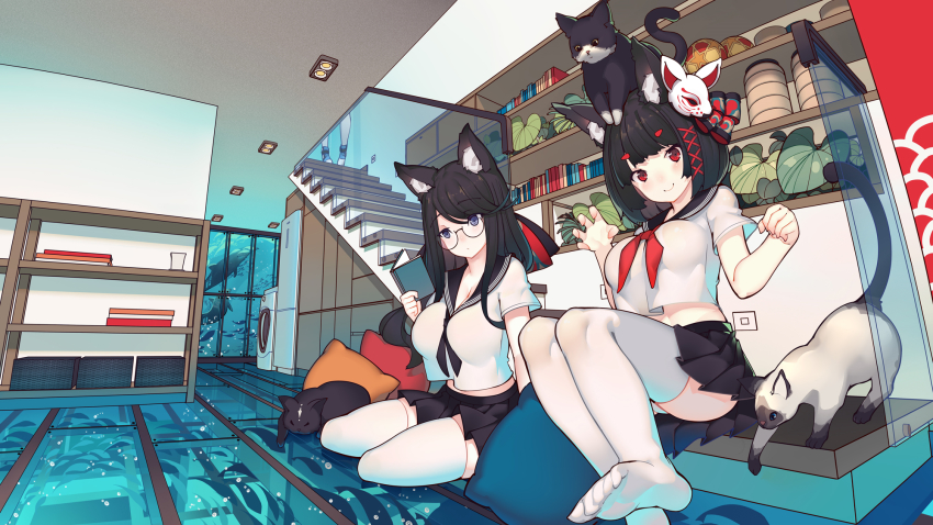 2girls animal_ear_fluff animal_ears azur_lane black_hair black_skirt blunt_bangs breasts cat cat_ears cleavage crop_top crop_top_overhang fish fusou_(azur_lane) glasses highres indoors large_breasts mask mask_on_head medium_hair midriff multiple_girls neckerchief pleated_skirt rain_lan red_neckerchief sailor_collar school_uniform semi-rimless_eyewear serafuku short_hair sitting skirt straight_hair thighhighs underwater white_legwear yamashiro_(azur_lane) yamashiro_(street_corner_offensive!)_(azur_lane)