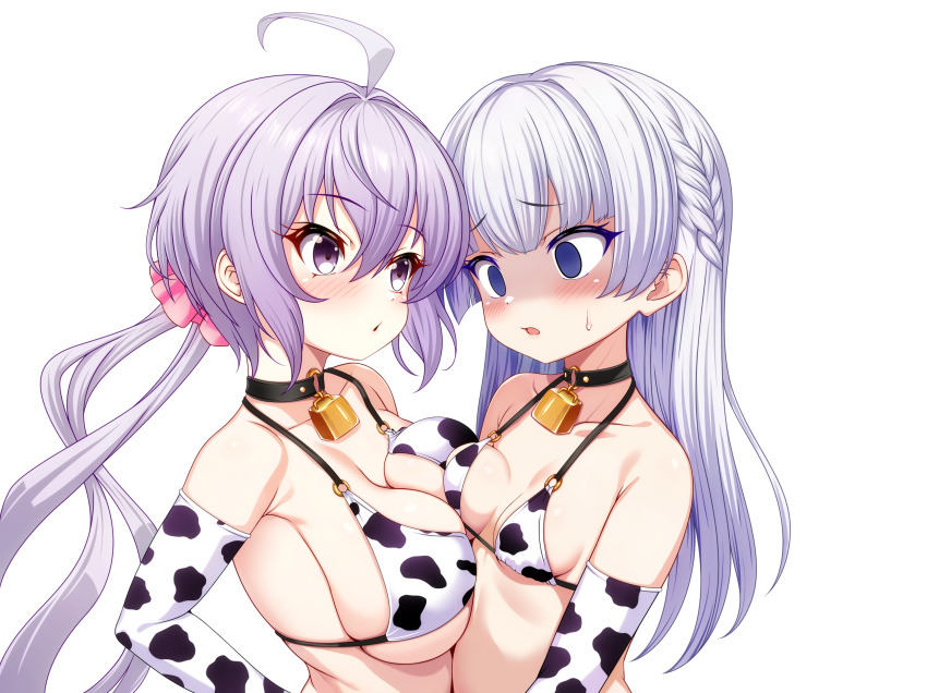 2girls ahoge animal_print asymmetrical_docking bell bikini breast_conscious breast_envy breast_press breasts cleavage commentary_request cow_print cow_print_bikini dolphin_wave elbow_gloves gloves grey_hair hair_ornament hair_scrunchie highres hime_cut large_breasts long_hair looking_at_another looking_at_breasts low_twintails multiple_girls neck_bell pink_scrunchie print_bikini print_gloves purple_eyes purple_hair schnee_weissberg scrunchie senki_zesshou_symphogear shaded_face sho2 small_breasts swimsuit twintails upper_body yukine_chris