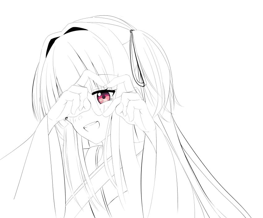 1girl :d absurdres blush criss-cross_halter eyelashes eyes_visible_through_hair four-finger_heart_hands greyscale hair_intakes halterneck hands_up happy heart heart_hands heart_hands_over_eye highres japanese_clothes kimono long_hair long_sleeves monochrome murasame_(senren) one_eye_covered open_mouth red_eyes senren_banka simple_background smile solo straight_hair teeth two_side_up uoouchan upper_body upper_teeth_only white_background wide_sleeves