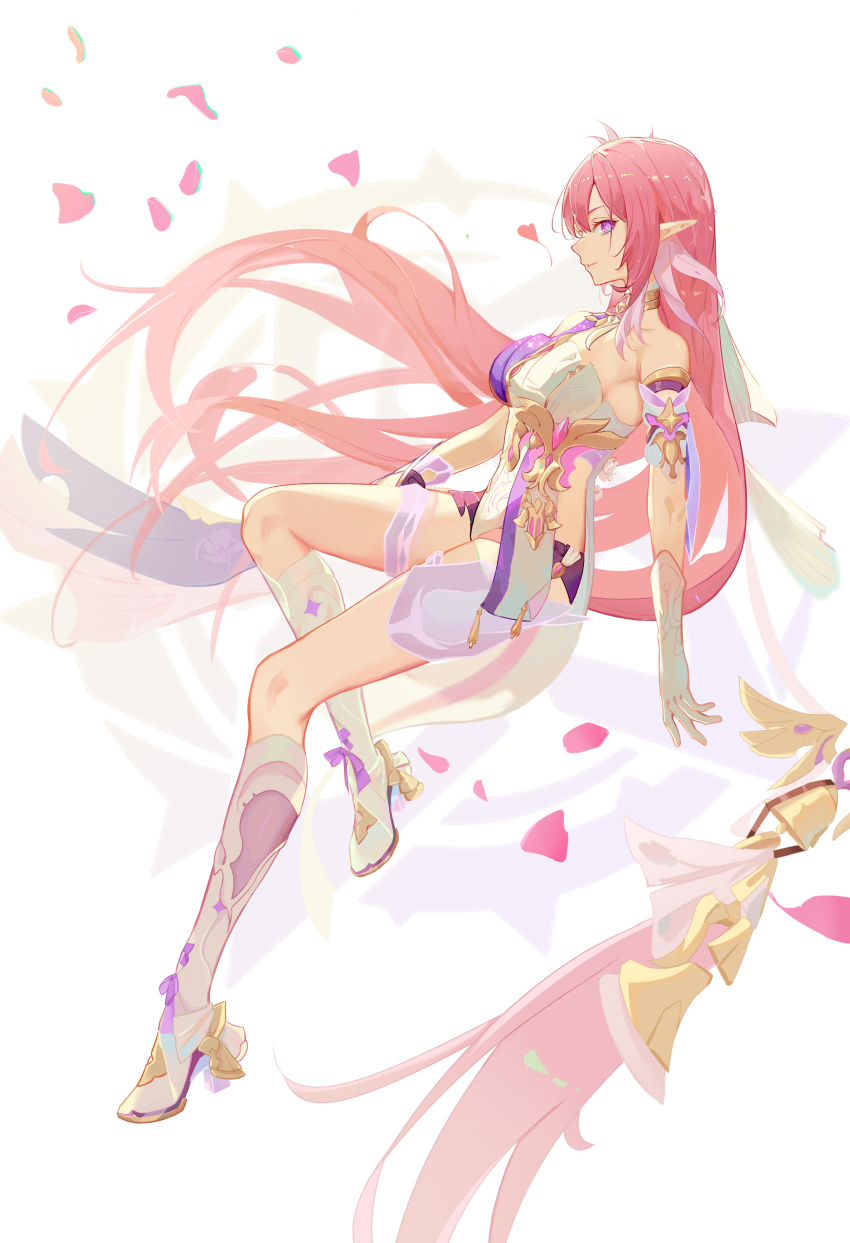 1girl absurdres bare_legs bell black_shorts boots breasts clothing_cutout comet-c commentary corset diamond-shaped_pupils diamond_(shape) elf elysia_(herrscher_of_human:_ego)_(honkai_impact) elysia_(honkai_impact) english_commentary falling_petals from_side full_body high_heel_boots high_heels highres honkai_(series) honkai_impact_3rd large_breasts long_hair looking_at_viewer micro_shorts multicolored_hair petals pink_hair pointy_ears purple_eyes shorts side_cutout solo symbol-shaped_pupils triquetra two-tone_hair very_long_hair white_background white_boots white_corset white_hair