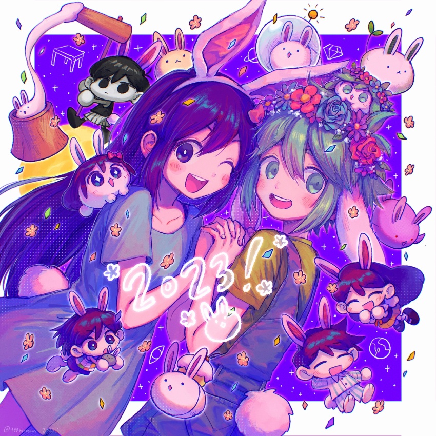 100momom 2023 2girls 4boys animal_ears aubrey_(headspace)_(omori) aubrey_(omori) basil_(headspace)_(omori) basil_(omori) black_eyes black_hair blue_shirt blush brown_skirt chibi chinese_zodiac closed_eyes closed_mouth collarbone colored_skin cupcake_bunny_(omori) facing_another fish_bunny_(omori) forest_bunny_(omori) green_eyes green_hair hero_(headspace)_(omori) hero_(omori) highres kel_(headspace)_(omori) kel_(omori) long_hair long_sleeves looking_at_viewer mari_(headspace)_(omori) mari_(omori) multiple_boys multiple_girls neckerchief omori omori_(omori) open_mouth pleated_skirt purple_eyes purple_hair rabbit_ears rabbit_tail red_neckerchief shirt short_hair short_sleeves skirt smile space_bunny_(omori) sprout_bunny_(omori) tail teeth upper_teeth_only white_skin year_of_the_rabbit
