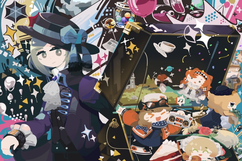 &gt;_o ._. 6+girls :o ^_^ apple apple_(reverse:1999) ascot balloon balloon_animal black_bow black_bowtie black_coat black_hat blonde_hair blue_bow blue_dress blue_neckerchief boater_hat bow bowtie cabbie_hat candy candy_jar checkered_hairband chibi chibi_inset closed_eyes coat cup dress druvis_iii flower food fruit green_eyes green_hat grey_eyes grey_hair hair_bun hairband hat hat_bow hat_feather hat_flower highres holding_radio jacket lilya lollipop long_sleeves looking_at_viewer mini_person minigirl multiple_girls neckerchief no_lineart one_eye_closed open_mouth open_suitcase orange_hair polka_dot_neckerchief radio red_flower red_jacket regulus_(reverse:1999) reverse:1999 saucer short_hair single_side_bun smile sonetto_(reverse:1999) sotheby sparkle suitcase teacup thatpebble traditional_bowtie vertin_(reverse:1999) white_ascot white_dress