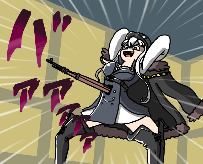 1girl afei_(sfma3248) battle_tendency bolt_action boots coat commentary_request fur_trim girls&#039;_frontline gun highres jojo_no_kimyou_na_bouken jojo_pose kar98k_(girls&#039;_frontline) long_hair mauser_98 menacing_(jojo) red_eyes rifle rudolph_von_stroheim scene_reference solo spread_legs thigh_boots thighhighs very_long_hair weapon white_hair