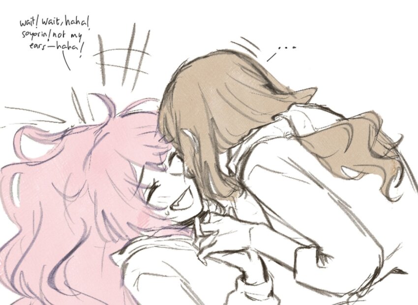 2girls bang_dream! bang_dream!_it&#039;s_mygo!!!!! brown_hair chihaya_anon commentary english_commentary english_text fang holding_hands hug interlocked_fingers long_hair multiple_girls nagasaki_soyo niigouki open_mouth pink_hair sidelocks simple_background teeth upper_teeth_only white_background yuri
