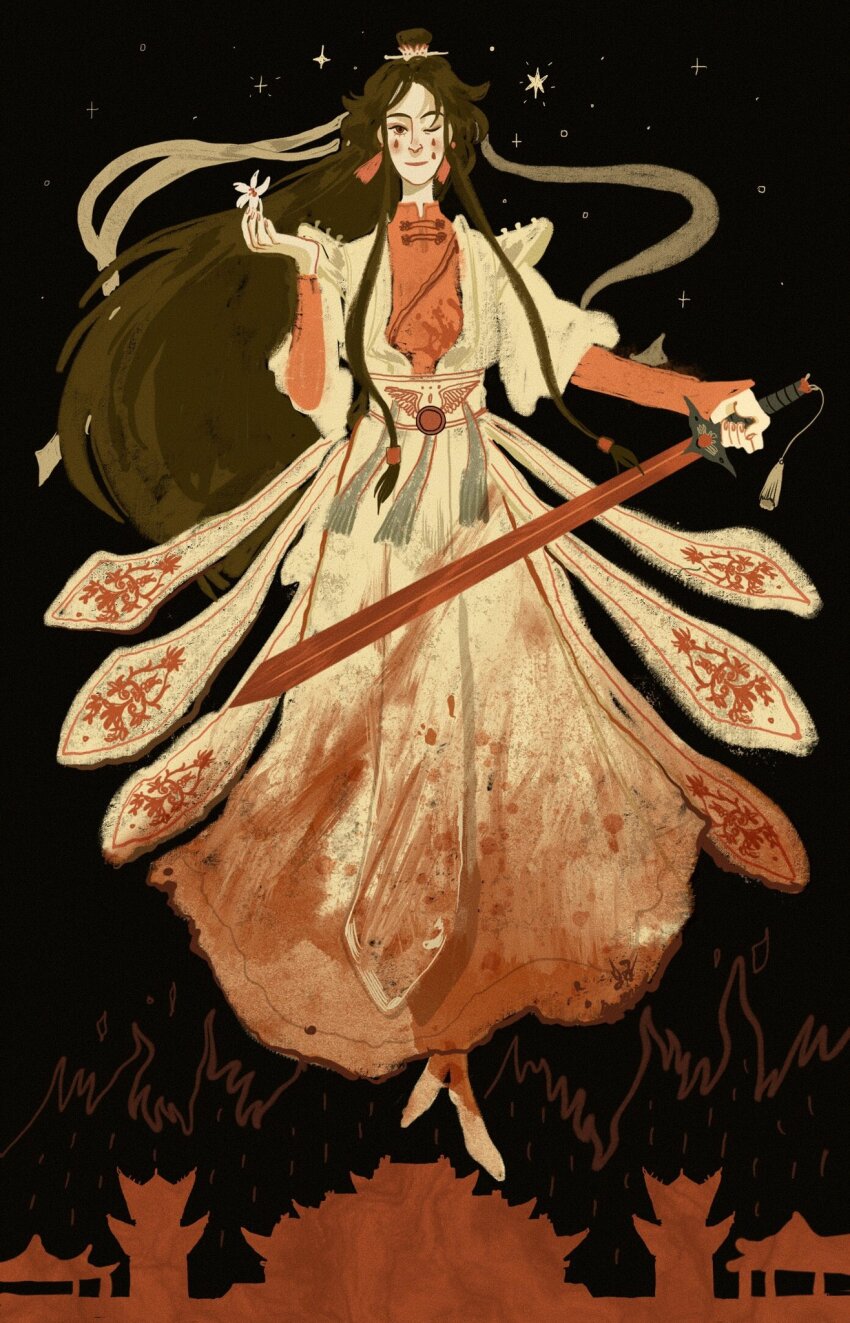 1boy belt black_background blood blood_on_clothes brown_hair building burning chinese_clothes earrings fire flower full_body hair_ornament hair_ribbon hanfu hashtag-only_commentary high_collar highres holding holding_flower holding_sword holding_weapon jewelry layered_clothes long_hair long_sleeves looking_at_viewer male_focus night night_sky one_eye_closed outdoors red_shirt ribbon robe shirt sky smile solo spoilers standing star_(sky) starry_sky sword sword_tassel tassel tassel_earrings teardrop_facial_mark tears tianguan_cifu very_long_hair weapon white_flower white_ribbon white_robe xie_lian xie_lian_(flower_crowned_martial_god) yaroslava_murashko
