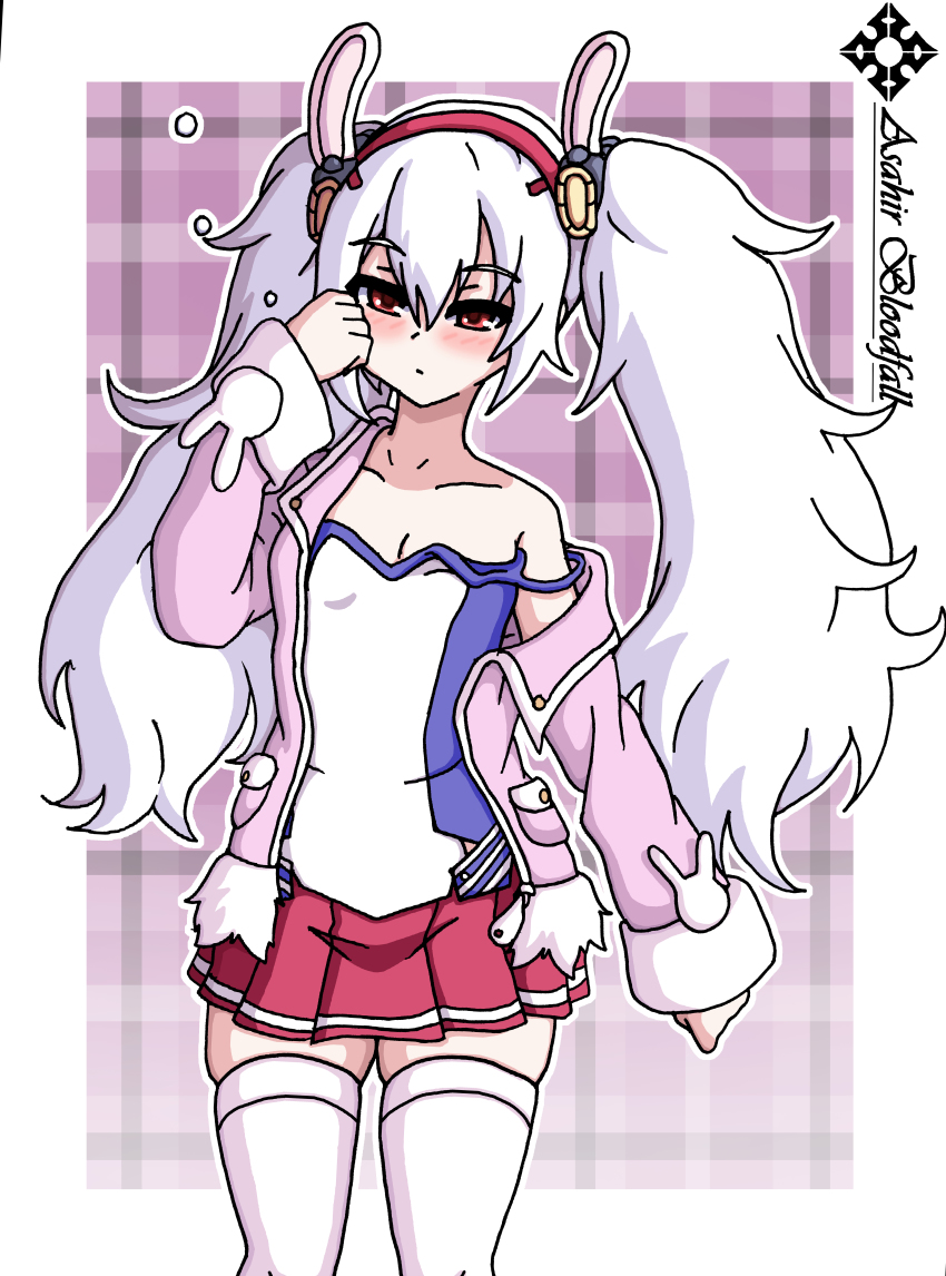 1girl absurdres animal_ears asahir azur_lane blush fake_animal_ears highres jacket laffey_(azur_lane) long_hair looking_at_viewer rabbit_ears red_eyes rubbing_eyes skirt tagme thighhighs wardrobe_malfunction white_hair