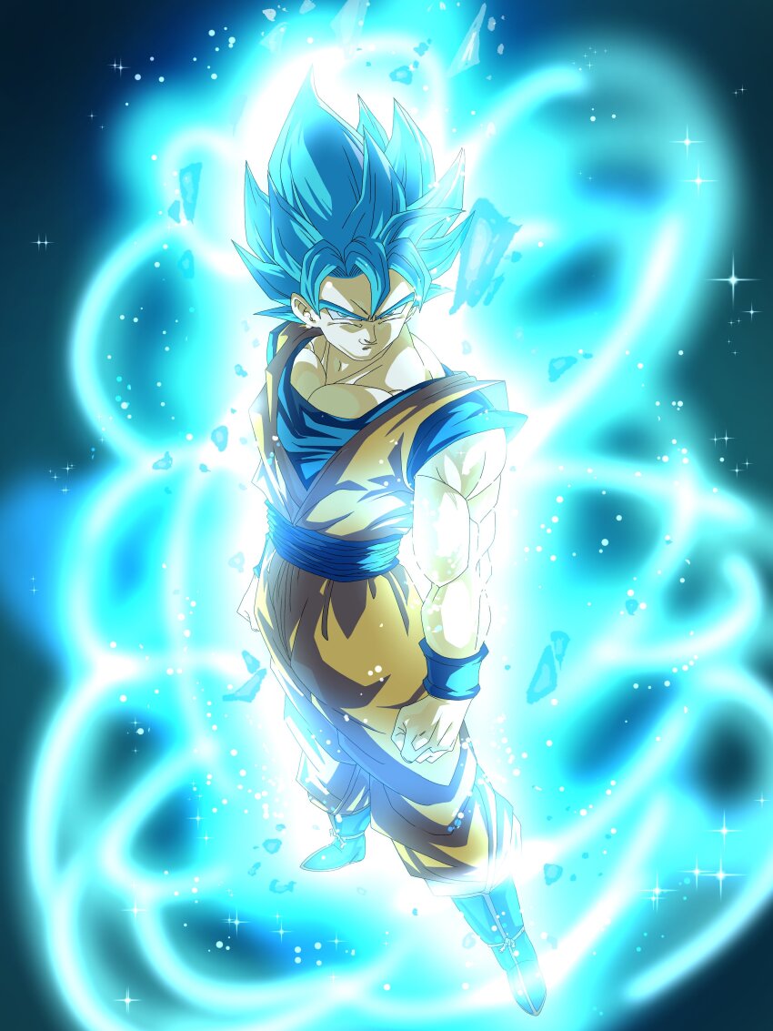 1boy absurdres aura blue_boots blue_eyes blue_hair blue_sash blue_shirt boots clenched_hands commentary_request dougi dragon_ball dragon_ball_super full_body highres kazumax76 male_focus muscular muscular_male orange_pants orange_shirt pants sash shirt short_sleeves sleeveless sleeveless_shirt smirk solo son_goku spiked_hair super_saiyan super_saiyan_blue v-neck